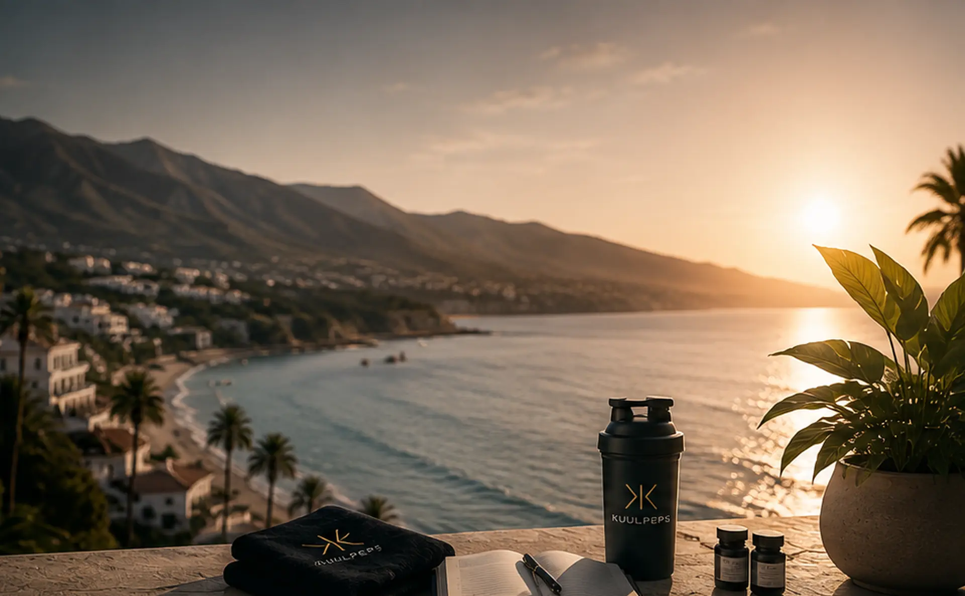 Marbella coastline at sunset seen from a stone terrace, with KUULPEPS research vials and a journal
